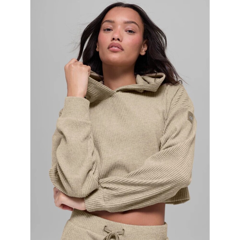 Alo Yoga Muse Hoodie in Gravel Size Small Cropped Ribbed